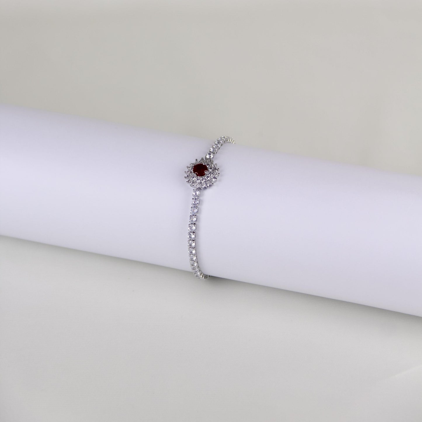 Silver-tone Emerald-cut Red Stone Pave Bracelet